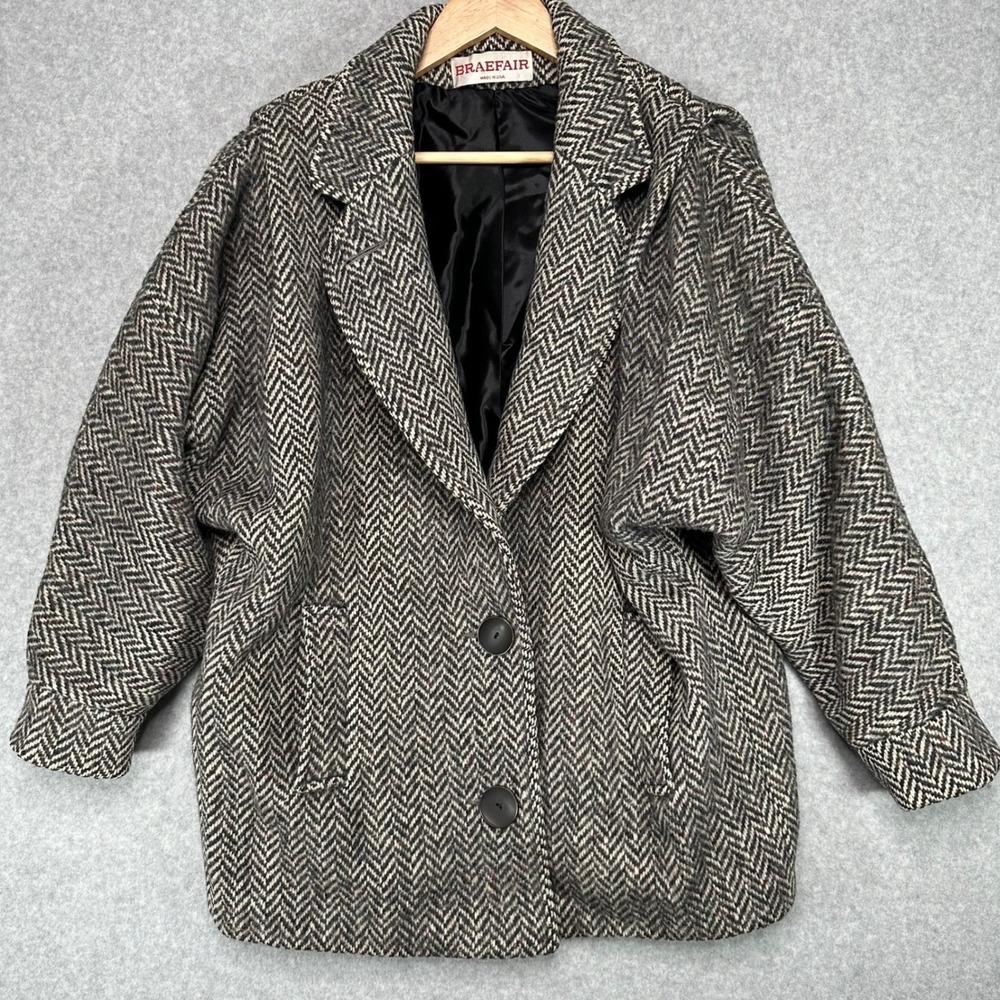 VTG Braefair Wool Herringbone Tweed Blazer Jacket Womens 12 Oversized Two Button